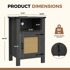 Farmhouse Nightstand with Rattan Decor Door Magnetic Soft Close <b>Side</b> End <b>Table</b> with Open <b>Storage</b> Compartment for Bedroom Living - Product Image 6