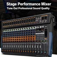 Console de mixage audio professionnelle 8 canaux D-8/12/16 en métal avec Bluetooth, USB, 256 effets DSP et alimentation fantôme 48V pour DJ de scène