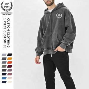 Fabricant personnalisé 400gsm poids lourd Sun Fade Crop Boxy Zipper Vintage Distressed Broderie Patch Hommes Acid Wash Zip Up Hoodie - Product Image 5