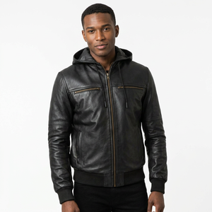 Black Genuine Cow Skin Leather Loose Fit <b>Zip</b>-<b>Up</b> Vintage Lined Bomber <b>Jacket</b> Men's Winter Coated Waterproof Breathable OEM - Product Image 1