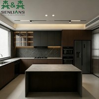 Meuble de cuisine industriel moderne SLS, armoire modulaire sans poignée en grain de bois sur mesure avec grand îlot en pierre frittée