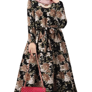 Último vestido modesto con estampado floral para mujeres musulmanas dobladillo oscilante con cinturón diseño simple Abaya estilo Dubai Jalabiya <span class=keywords><strong>Cabaya</strong></span> - Product Image 6
