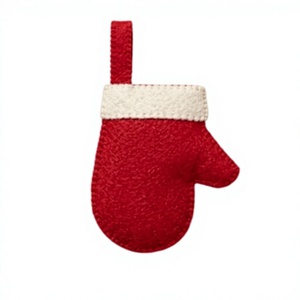 Guante navideño tradicional hecho a mano de fieltro de lana rojo ecológico con lunares blancos y decoración de aletria para colgar en la pared en interiores. - Product Image 3