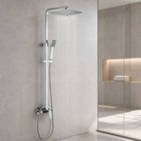 Ensemble de douche carré effet pluie en chrome poli, mitigeur chaud/froid en laiton, système de douche mural avec douchette à main et barre coulissante