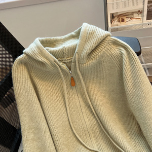 Women Hooded <b>Zipper</b> Knit Cardigan Loose Fit Solid Color Early Autumn <b>Top</b> Anti-Pilling Design - Product Image 4
