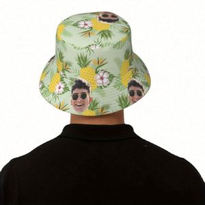 Custom Unisex Summer Bucket <b>Hat</b> with Tropical Pineapple Flower Pattern Personalized Cartoon Face Design Breathable Travel Cap - Product Image 6