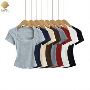 Camiseta Casual de Manga Corta de Poliéster Transpirable de Una Sola Capa con Cuello Ancho Sexy Básico de CNSHELL para <span class=keywords><strong>Mujer</strong></span> - Product Image 1