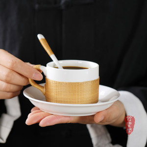 Bamboo Woven Ceramic Coffee Cup With Saucer Handmade Porcelain Beverage Cup For Afternoon Tea - Product Image 3