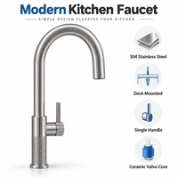 Robinet de cuisine moderne en acier inoxydable brossé, mitigeur monocommande monotrou à poser, eau chaude et froide