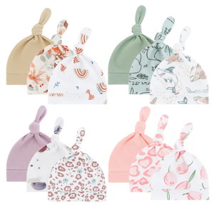 Ensemble de bonnets en coton noués pour nouveau-nés, bonnets doux pour bébés de 0 à 6 mois, vente en gros, OEM/ODM pris en charge - Product Image 1