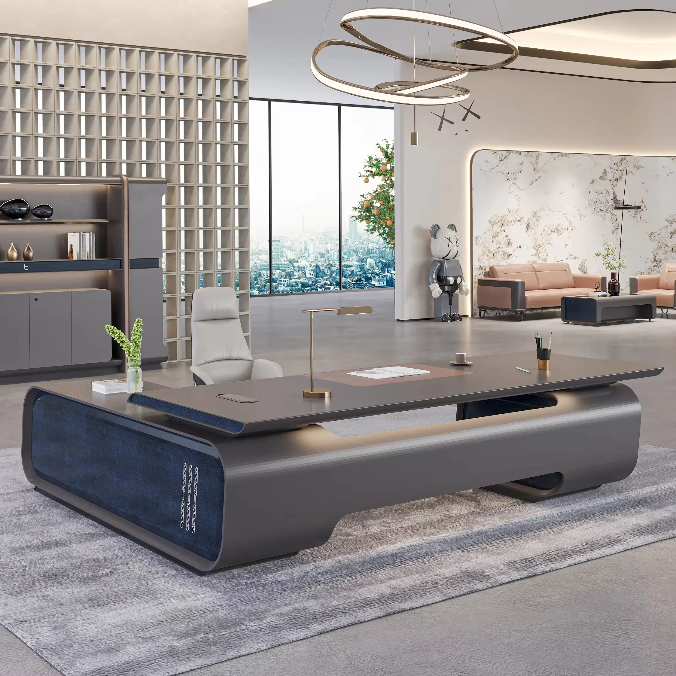 Mesa executiva de madeira moderna popular em forma de L, mesa de escritório luxuosa para CEO, personalizada, fábrica em Foshan, exposição em 2024