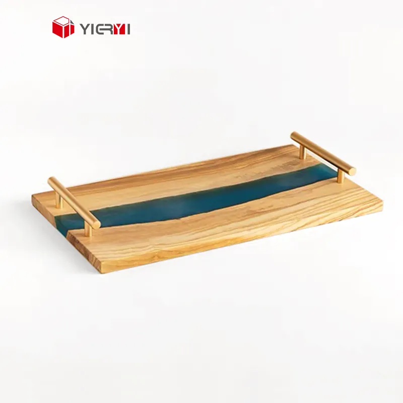 Tabla de cortar de resina epoxi de madera de olivo al por mayor, bandejas de fruta para servir comida, tablas con asa, tabla de pan, bandeja para servir charcutería