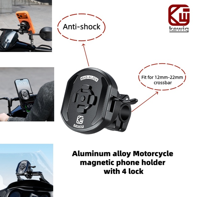 Kewig Anti-Vibration Motorcycle Phone Holder with 4-lock CNC Aluminum Magnetic Bike Phone Holder Motorcycle Bicycle Phone Mount