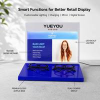 Présentoir à lunettes en acrylique bleu brillant avec éclairage LED rétroéclairé, double position pour lunettes, vitrine de comptoir