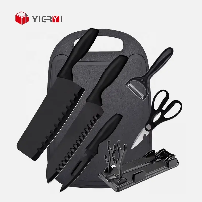 Yieryi 7 Pieces Black Kitchen Knife Set Stainless Steel Kitchen Chef Knives for Cooking with Cutting Board and Knife Block