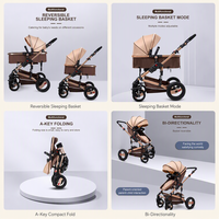 Poussette 3 en 1 pour enfants, poussette légère pliable pour voyager, chariot à bébé avec cadre en alliage d'aluminium et panier de couchage pour 0-3 ans