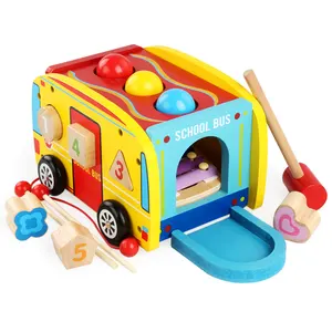 Wooden Knocking Game Shape Matching Toys Wooden Hammering Pounding Toys Multi-Functional School Bus Themed Handcart