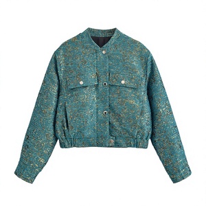 Green Textured Women Jacket Casual <b>Stand</b> Collar Button Front Regular Fit Autumn <b>Coat</b> - Product Image 4