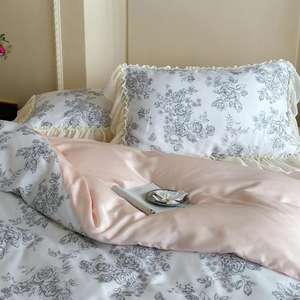 2025 nuova Lyocell quattro pezzi lenzuola Sabanas <span class=keywords><strong>francese</strong></span> Chiffon pizzo bordo piumino copripiumino rosa stampa floreale Set biancheria da <span class=keywords><strong>letto</strong></span> - Product Image 6
