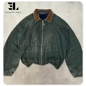 LARSUR Custom Factory Duck Canvas Boxy Bomber Work Jacket Zipper Up Distress Dirty Wash Mechanic Workers Workwear Canvas Hoodie