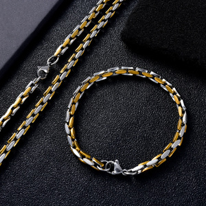 Ensemble collier et bracelet élégant en acier inoxydable plaqué or 18 carats, anti-ternissement, robuste, avec chaîne segmentée double teinte brillante, vente en gros - Product Image 5