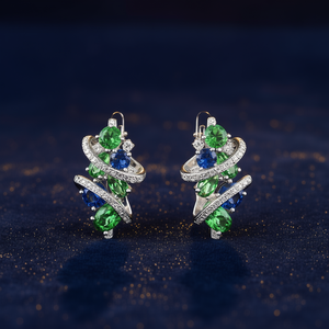 Orecchini pendenti di lusso in argento 925 dal design geometrico con cristalli verdi e blu incastonati a griffe per gioielli da festa da donna - Product Image 2