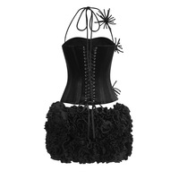 SS2380 Kimshein Mode Ensemble Haut Bustier Velours Queue de Poisson Qualité Supérieure et Mini Jupe Fleurs 3D Faite à la Main 2 Pièces