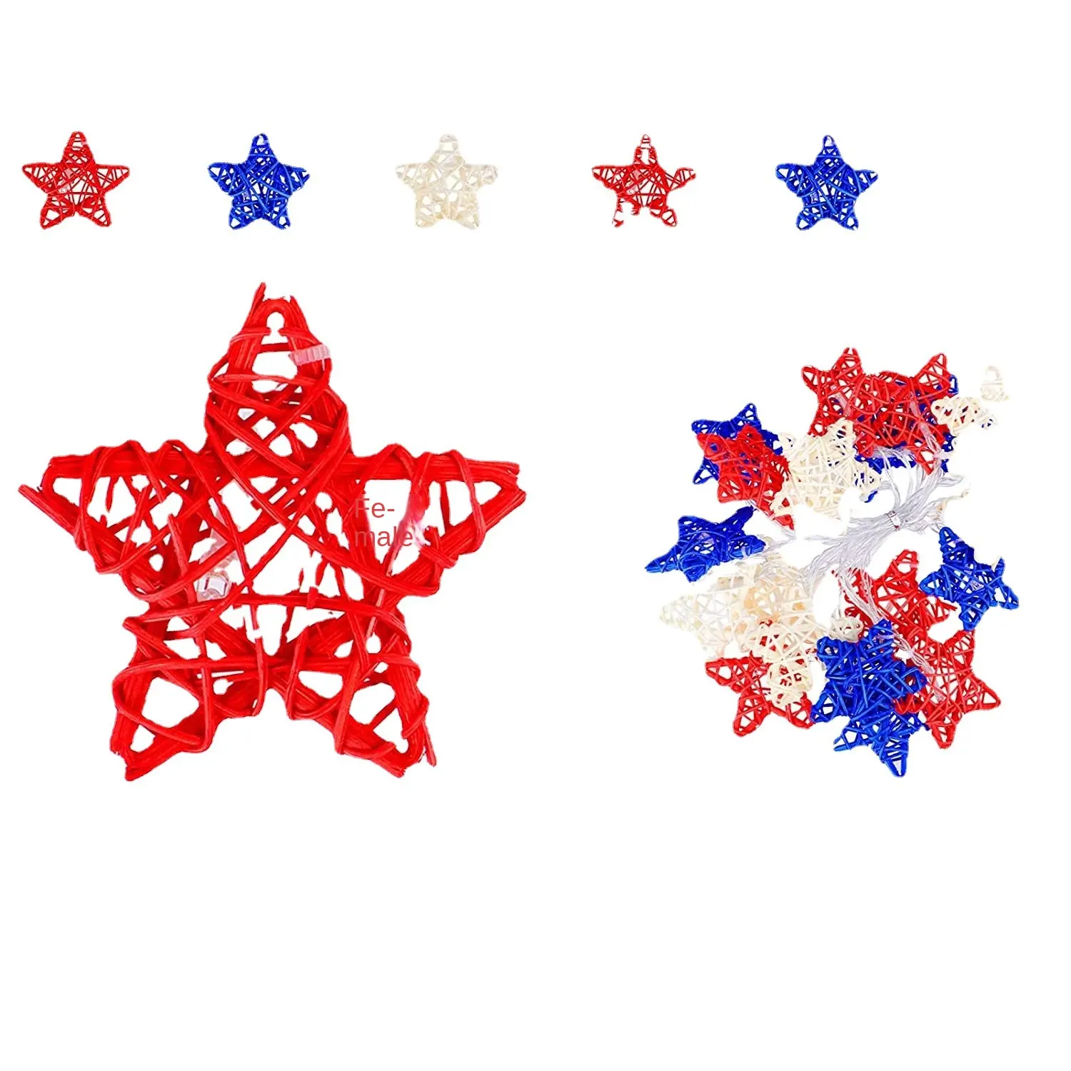نجوم راتان خماسية الأضلاع ديكور أضواء ليد للاحتفال بالاستقلال سلسلة كرة راتان حمراء وبيضاء وزرقاء للكريسماس