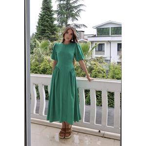 Robe midi verte unie en lin tissé froncé avec laçage au dos et taille naturelle - Product Image 1