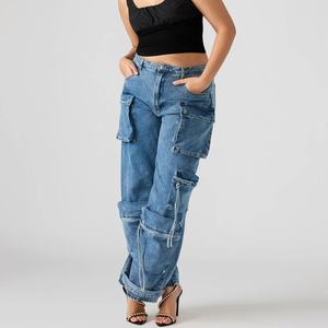 Pantalones Cargo Vaqueros Anchos de Algodón OEM Personalizados de Tiro Bajo para Mujer, Estilo Retro Streetwear Lavado, con Acabado Desgastado y Corte Acampanado - Product Image 2