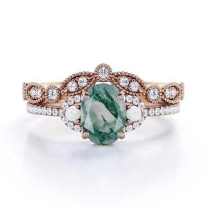 Ensemble de bagues de mariage classiques pour femmes en argent sterling 925 avec agate verte mousse ovale de 1,55 carat et perle - Product Image 1