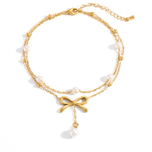 Tobillera de acero inoxidable con lazo y colgante de perla, doble capa, chapada en oro, para mujer, adorno de moda para el pie. - Product Image 5