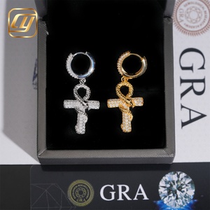 Boucles d'oreilles créoles de luxe en argent S925 plaqué or 18 carats avec croix Ankh en moissanite micro-pavée, certifiées GRA, unisexe - Product Image 4