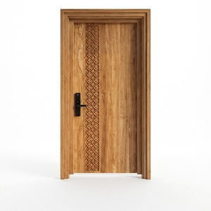 Une porte moderne et minimaliste en bois massif, dotée d'un motif géométrique vertical sculpté et d'une serrure intelligente avancée. - Product Image 1