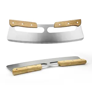 2021 Novo Design De Alta Qualidade Em Aço Inoxidável Pizza Rocker Cutter Pizza Slicing Blade Knife com Cabo De Madeira Duplo