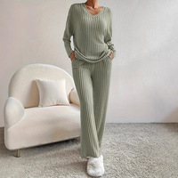 2026 automne hiver tricot Anti-boulochage transfrontalier nouvelle maison mode décontracté pantalon droit élégant ample col en v deux pièces ensemble