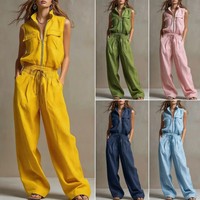 Ensemble décontracté d'été 2026 pour femme : Sweat-shirt sans manches zippé et pantalon droit de sport, couleur unie, coupe ample