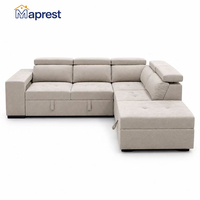 Canapé d'angle convertible moderne en forme de L avec espace de rangement, lit escamotable, appuie-têtes réglables, tabourets gigognes et texture douce