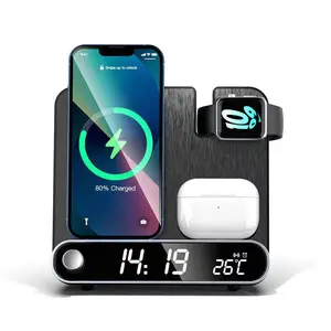 Produk trendi jam Alarm Digital Universal Qi dudukan pengisi daya nirkabel 3 In 1 untuk Apple