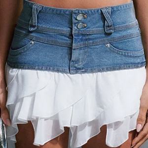 New Arrivals Women Skirt <b>White</b> <b>Chiffon</b> Ruffles Asymmetrically Hem Denim Mini Skirt Jeans Skirt for Women - Product Image 6
