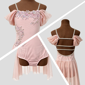 Vestido de Danza Lírica Personalizado Rosa con Hombros Descubiertos, Apliques Florales, Vestido de Patinaje Artístico para Niñas y Mujeres, Ropa de Danza para Ballet - Product Image 2