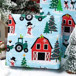 Blue Reversible Christmas Wrapping Paper 17x33 Feet Farm Theme With Sheep Snowman Trees Red Polka Dots Gift <b>Wrap</b> - Product Image 4