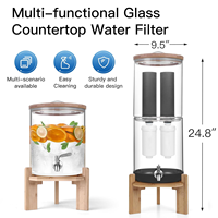 Filtre à eau domestique en verre à gravité avec charbon actif pour l'élimination du fluorure, purificateur d'eau à gravité en verre avec couvercle et base en bambou