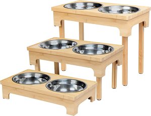 Pet Supply - Adjustable Bamboo Elevated Dog Bowls Stand Stainless Steel <strong>Cat</strong> Bowls <strong>Holder</strong> and Water or <strong>Food</strong> and Water Bowls - Product Image 1