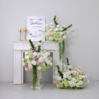 Set Bunga Mantel Perapian Buatan Warna Pink Putih Hijau, Rangkaian Bunga Mawar Sutra untuk Dekorasi Latar Belakang Pernikahan dan Pesta