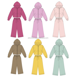 Full Zipper Fleece Lined <b>Kids</b> Tracksuit Hooded Crop Jacket <b>Drawstring</b> Wide Leg Pants Autumn Sportswear Custom Logo Size Color - Product Image 3