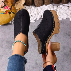 Zapatos de Tacón Grueso con Diseño Calado para Mujer, Talla Grande, Punta Redonda, Suela de PU Resistente, Estilo Casual, Sin Cordones - Product Image 6