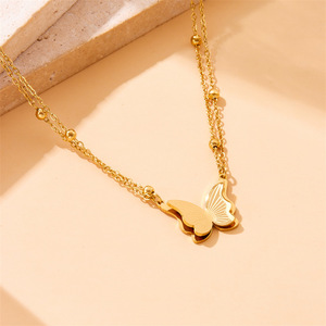 Stainless Steel Butterfly Double Layer Beaded Necklace And <b>Bracelet</b> <b>Set</b> For Women Gift Fashion Jewelry - Product Image 3