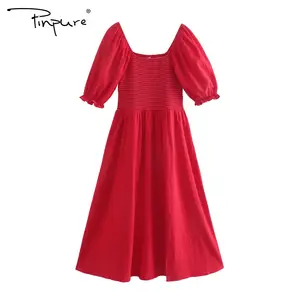 R20687S Gaun Terusan Tarik Wanita, Gaun Rok Ayun Besar Lengan Gelembung Merah Modis Musim Panas