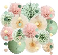 Décorations de fête vert sauge et rose blush, lanternes en papier, éventails en papier, pompons en papier de soie rose clair pour anniversaire, baby shower